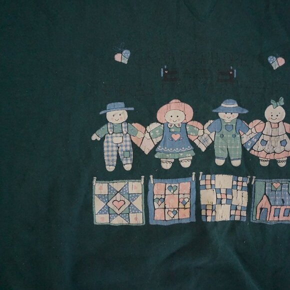 Vintage Green Soffe Sweatshirt Rag Doll Folksy Patchwork Hearts Graphic XL - Picture 7 of 11